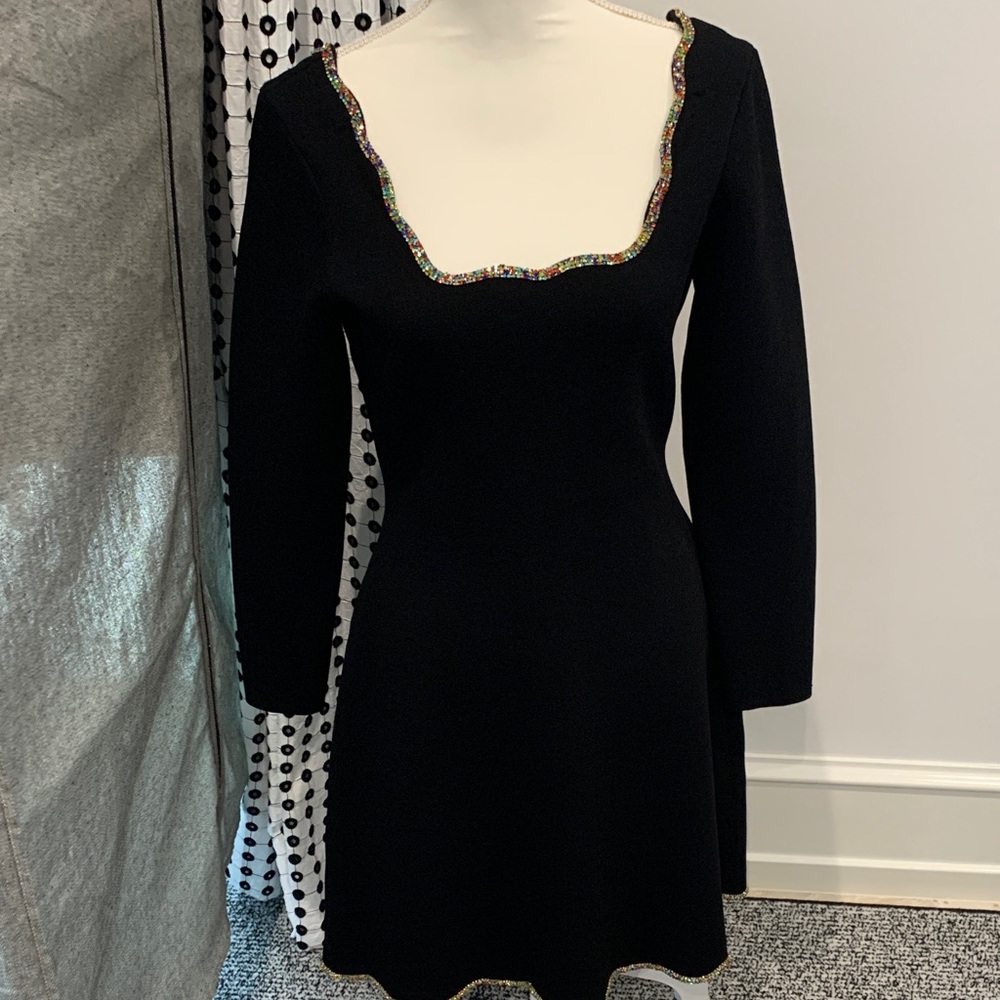 NWT SANDRO Long-Sleeve Knit Dress with Scalloped Sequin Trim. Size 40